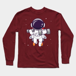 Cute Astronaut Lifting Dumbbell With Rocket Cartoon Long Sleeve T-Shirt